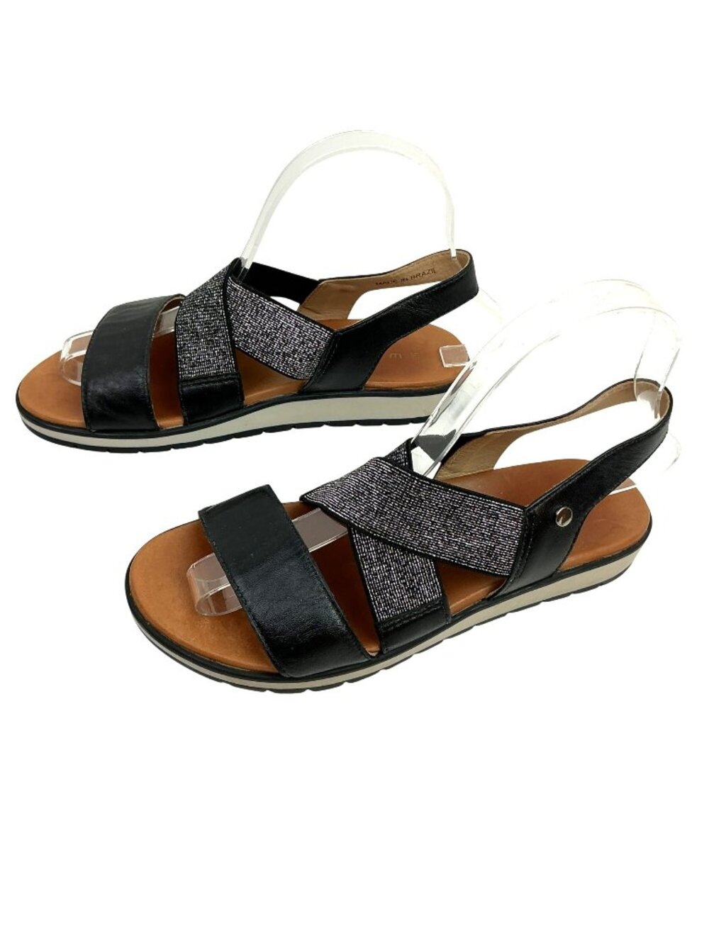 Wirth Leather Slingback Stretch Cross Strap Sandals Womens 36 Black Silver Brazi